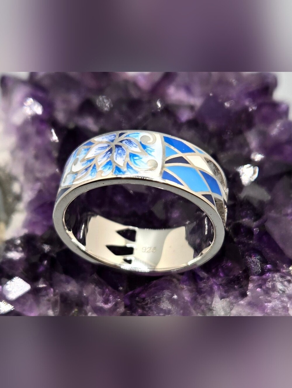 Sterling (925) Ring Blue Floral Cloisonné Band Like New Cond Sz 9